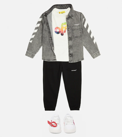 Off-white Rubber Contrast-logo Stretch-denim Shirt 8-10 Years In Black White