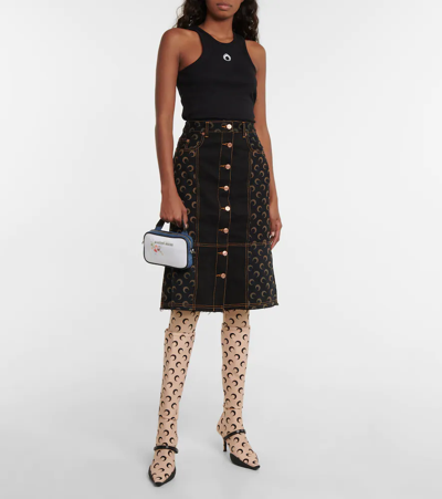 Shop Marine Serre Printed High-rise Denim Midi Skirt In All Over Moon Black