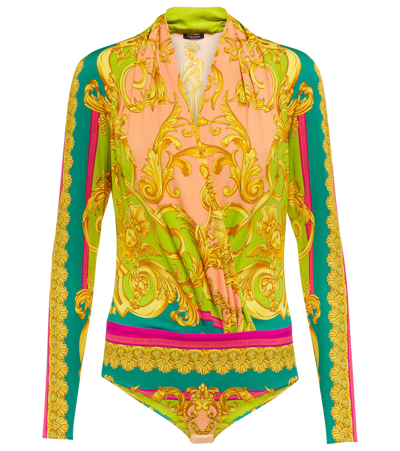 Shop Versace Barocco Goddess Silk-blend Bodysuit In Mauvelous+citron