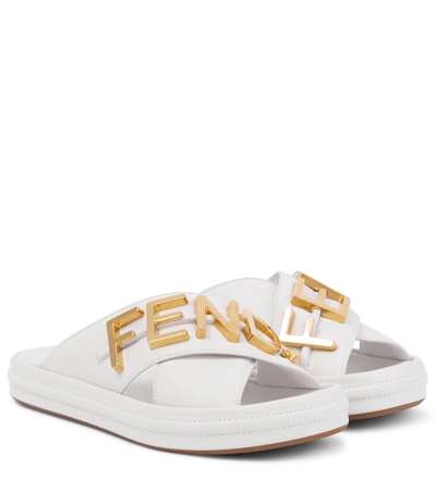 Shop Fendi Graphy Leather Sandals In Bian.ice+bia.ice Oro
