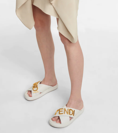 Shop Fendi Graphy Leather Sandals In Bian.ice+bia.ice Oro
