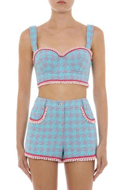 Shop Moschino Ladies Who Lunch Houndstooth Tweed Bustier Top In Fantasy Print Light Blue