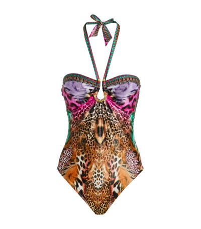 Shop Camilla Animal Print Halterneck Swimsuit In Multi