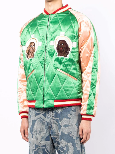 Saint Mxxxxxx Embroidered-slogan Bomber Jacket In Grün