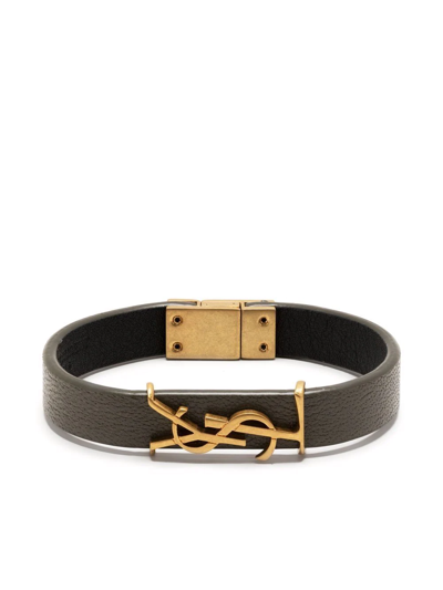 Shop Saint Laurent Leather Logo Bracelet In Grau