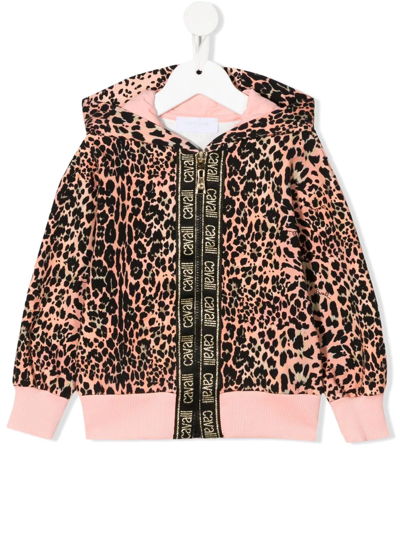 Shop Roberto Cavalli Junior Leopard-print Logo Tape Hoodie In Pink