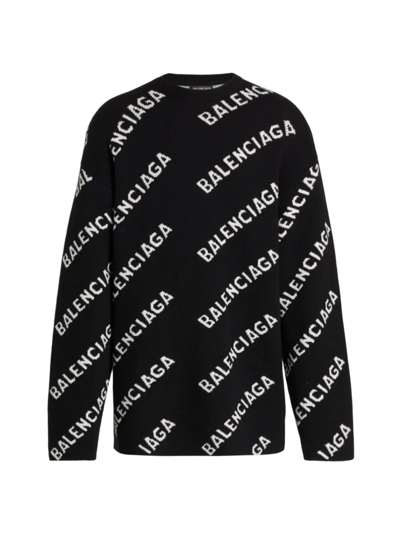 Shop Balenciaga Men's Logo Virgin Wool-blend Sweater In Black White