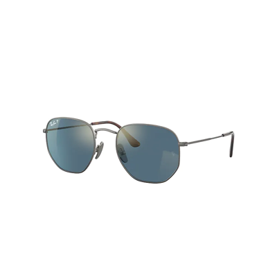 Shop Ray Ban Sunglasses Unisex Hexagonal Titanium - Gunmetal Frame Blue Lenses Polarized 51-21
