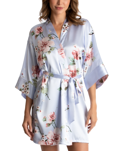 Shop Linea Donatella Floral-print Satin Wrap Robe In Blue
