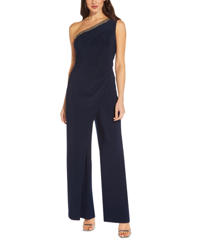 Adrianna Papell Petite Embellished One shoulder Jumpsuit In Navy