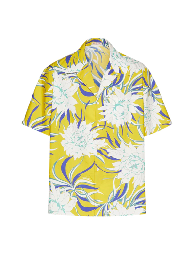 Shop Valentino Cotton Popeline Bowling Shirt, Semiover Fit, Pocket On Chest, Street Flowers Couture Peonies Print In Pkq Peony Yellow White Indaco