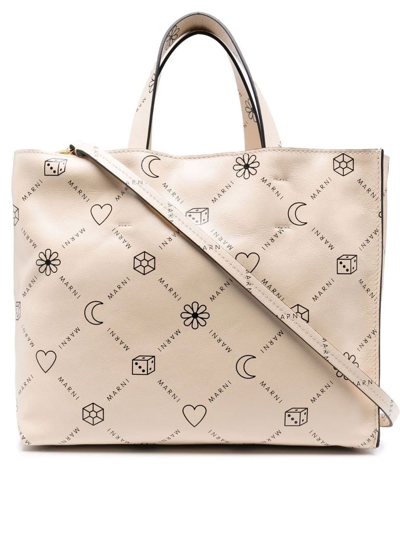 Shop Marni Cream Leather Tote Bag In Bicolore