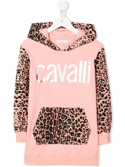 Shop Roberto Cavalli Junior Leopard-panel Metallic Logo Hoodie In Pink