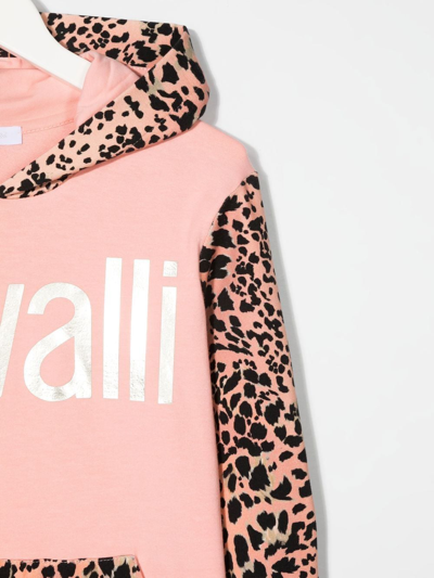 Shop Roberto Cavalli Junior Leopard-panel Metallic Logo Hoodie In Pink