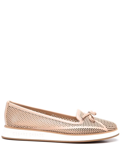 Shop Casadei Perforated Leather Loafers In Neutrals