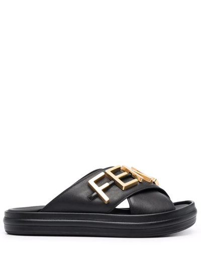 Shop Fendi Logo-plaque Leather Sliders In Black