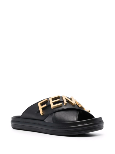 Shop Fendi Logo-plaque Leather Sliders In Black