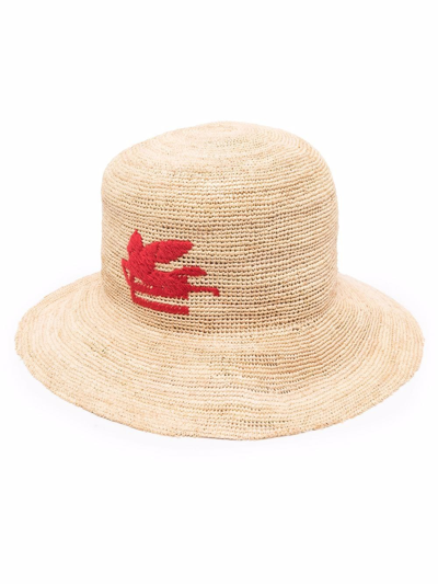 Shop Etro Logo-embroidered Raffia Sun Hat In Neutrals