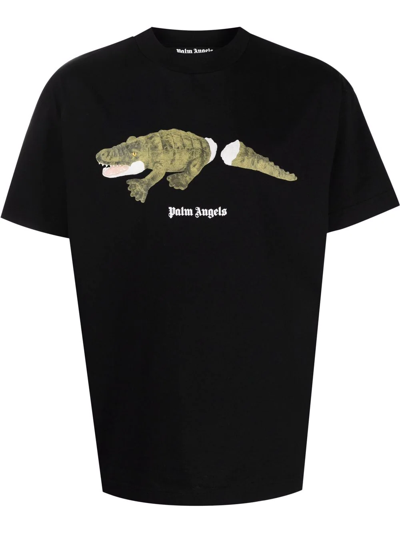 Shop Palm Angels Crocodile-print Cotton T-shirt In Black