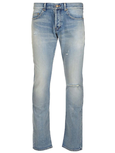 Shop Saint Laurent Button Detailed Straight Leg Jeans In Blue