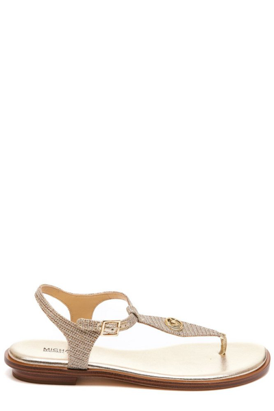 Shop Michael Michael Kors Logo Plaque Thong Strap Sandals In Gold