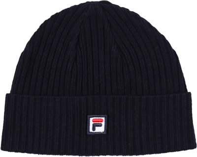 Shop Fila Logo Embroidered Ribbed Knit Beanie In Blue
