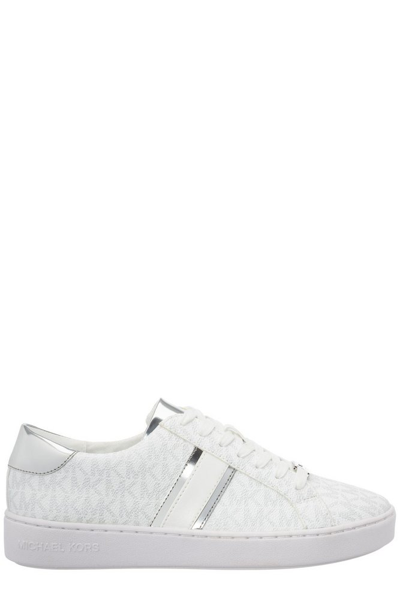 Shop Michael Michael Kors Irving Metallic Stripe Monogram Sneakers In White