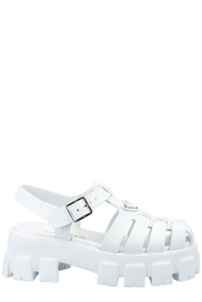 Shop Prada Foam Logo Patch Round Toe Sandals In White