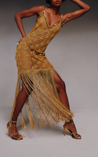 Shop Aliétte Women's Fringe-trimmed Embellished Tulle Maxi Dress In Gold