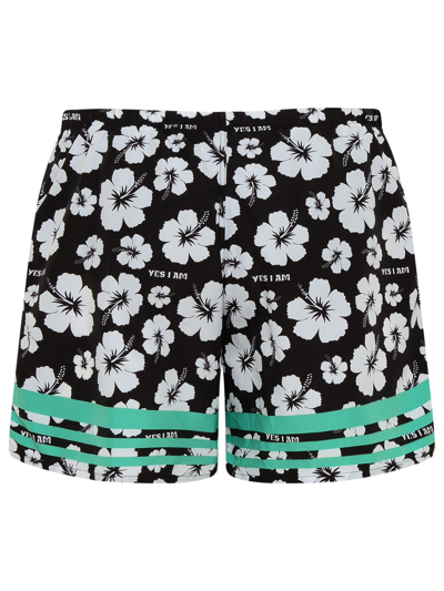 Shop Yes I Am Black Polyester Hibiscus Swim Trunks