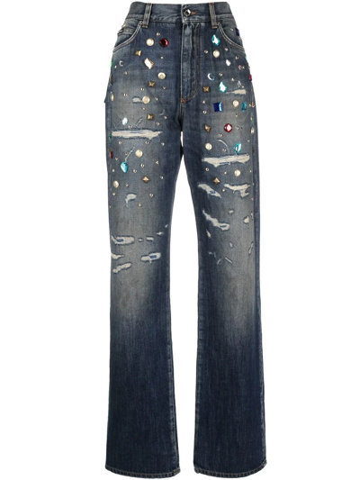 Shop Dolce & Gabbana Distressed Embellished Jeans In Blau