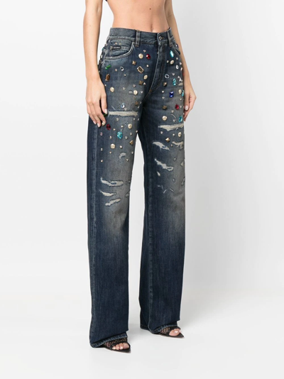 Shop Dolce & Gabbana Distressed Embellished Jeans In Blau