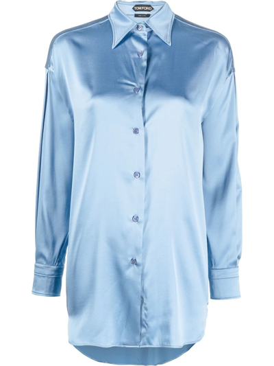 Tom Ford Stretch-silk Pointed-collar Shirt In Blau