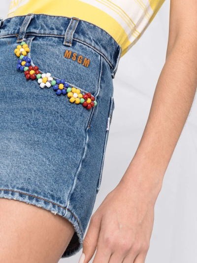 Shop Msgm Beaded-detailing High-waisted Denim Shorts In Blau