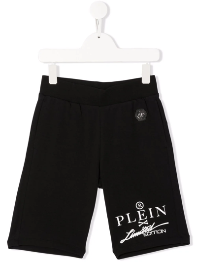 Shop Philipp Plein Junior Logo-print Cotton Track Shorts In Black