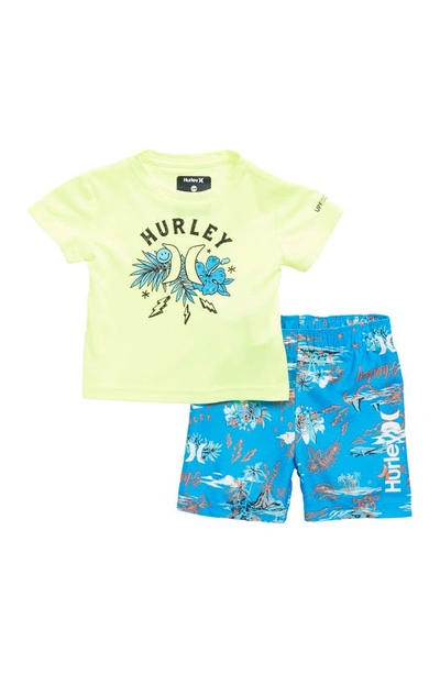 Shop Hurley Dooble Isle Print Rashguard & Swimming Trunks 2-piece Set In Neptune Blue