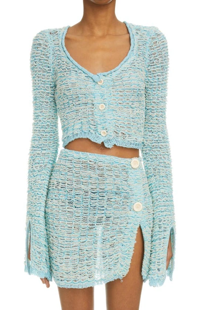 Shop Acne Studios Kangie Open Knit Crop Cotton Blend Cardigan In Aqua Blue