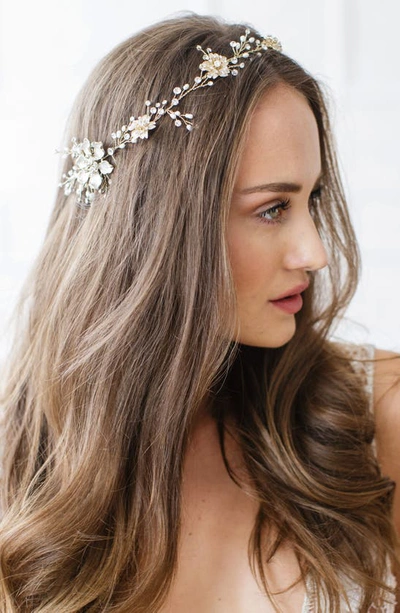 Shop Brides And Hairpins Atiena Embellished Floral Motif Halo & Sash In 14 K Gold