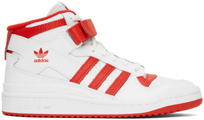 Shop Adidas Originals White & Red Forum Mid Sneakers In Ftwr White/vivid Red