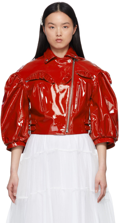 Shop Simone Rocha Red Ruffle Leather Jacket In Blood