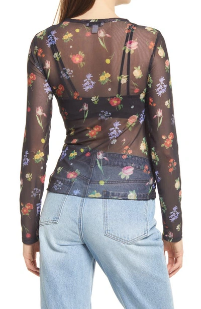 Shop Topshop Floral Ruched Mesh Long Sleeve Top In Multi