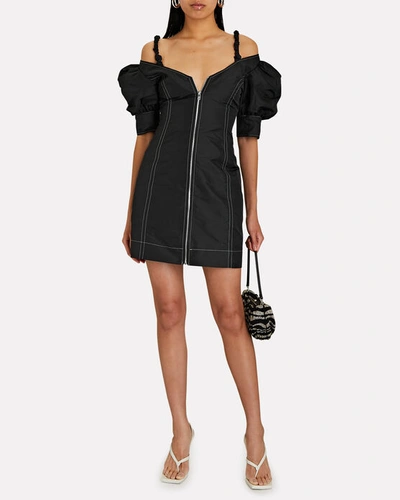 Shop Ganni Taffeta V-neck Front-zip Mini Dress In Black