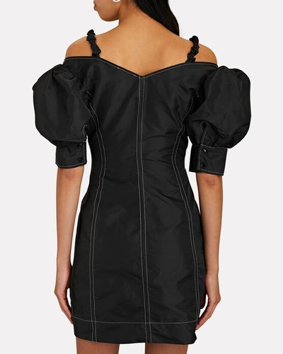 Shop Ganni Taffeta V-neck Front-zip Mini Dress In Black