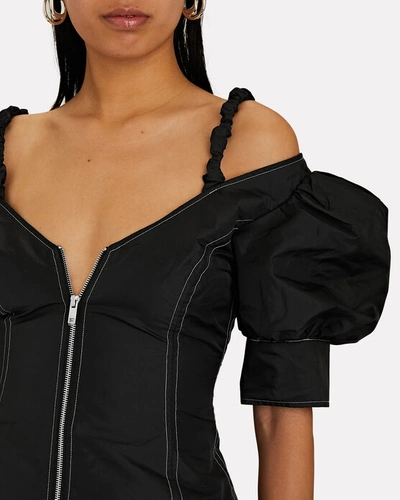 Shop Ganni Taffeta V-neck Front-zip Mini Dress In Black