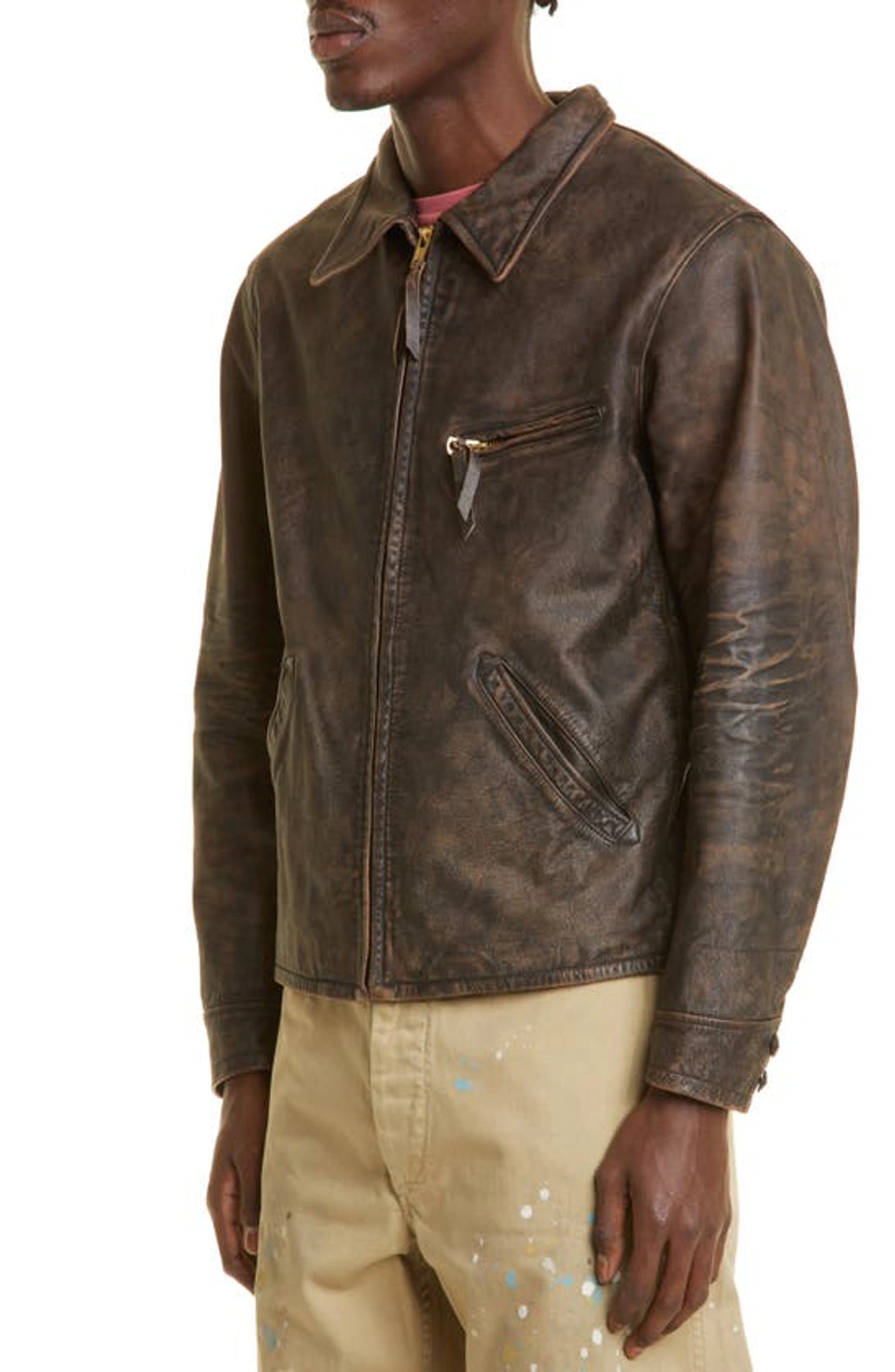 Double Rl Lynton Leather Jacket In Black Over Brown | ModeSens