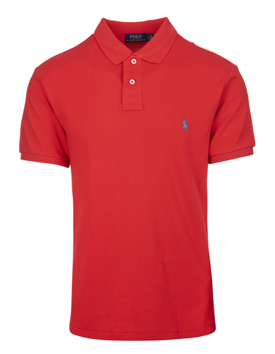 Shop Ralph Lauren Man Red And Light Blue Slim-fit Pique Polo Shirt In African Red/c6982