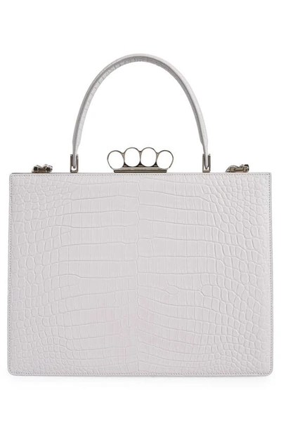 Shop Alexander Mcqueen The Four Ring Croc Embossed Leather Frame Bag In Pale Grey