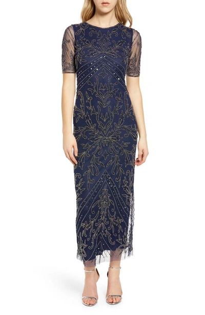 Shop Pisarro Nights Embellished Chiffon Gown In Navy