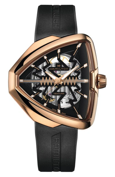 Hamilton Ventura Elvis80 Auto Skeleton Dial Pvd Rose Gold Steel Black Rubber Strap Men's Watch H24525331