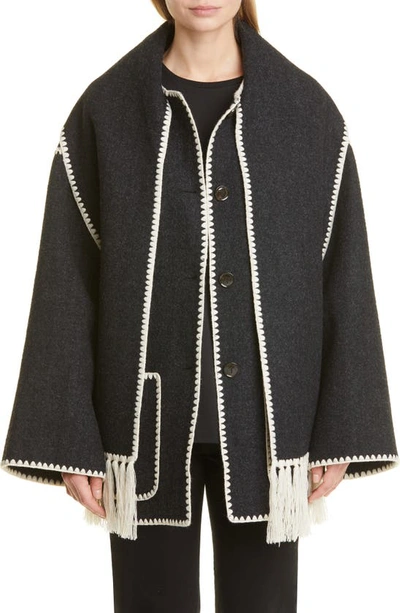Totême Embroidered Fringe Contrast-trim Scarf Wool Jacket In Dark Grey Melange